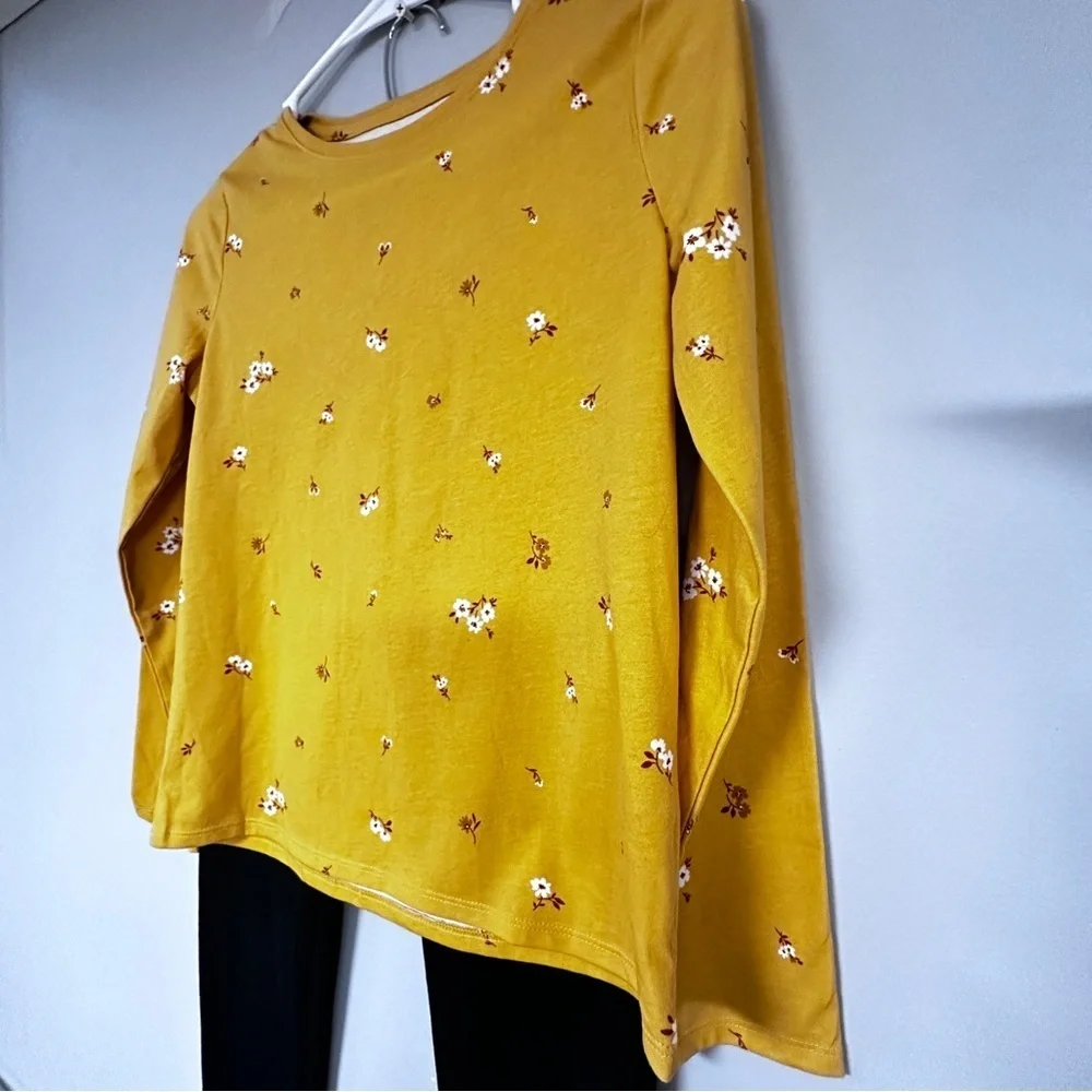 Girls New Yellow Floral Long Sleeve Tee with Black Warm Leggings, L (10-12)